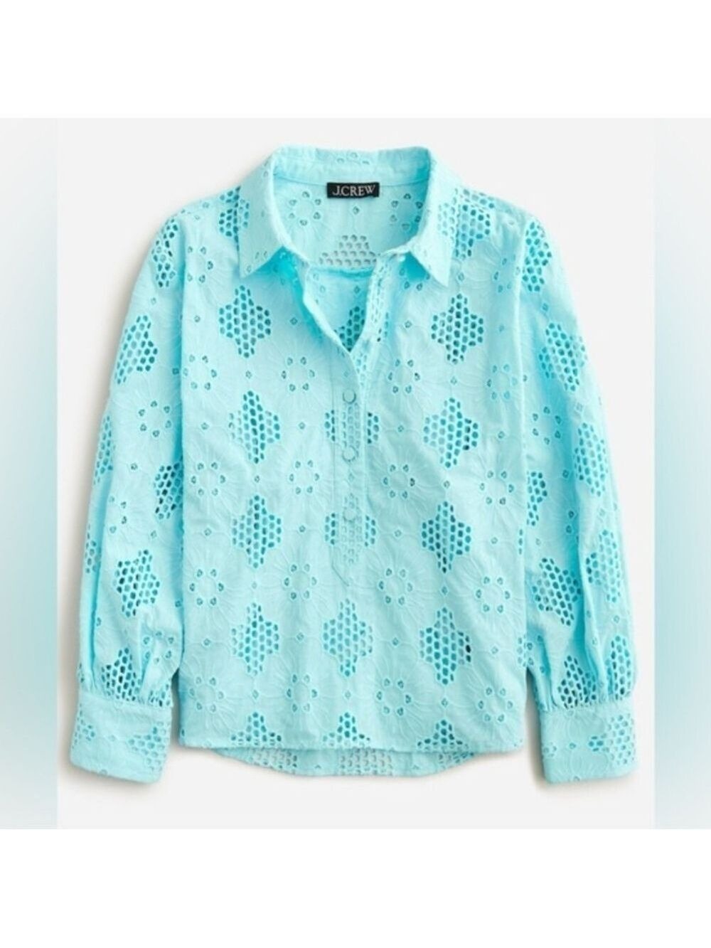J. CREW 3/4 SLEEVE EYELET POPOVER TOP AQUA BLUE SIZE MEDIUM WOMENS NWOT